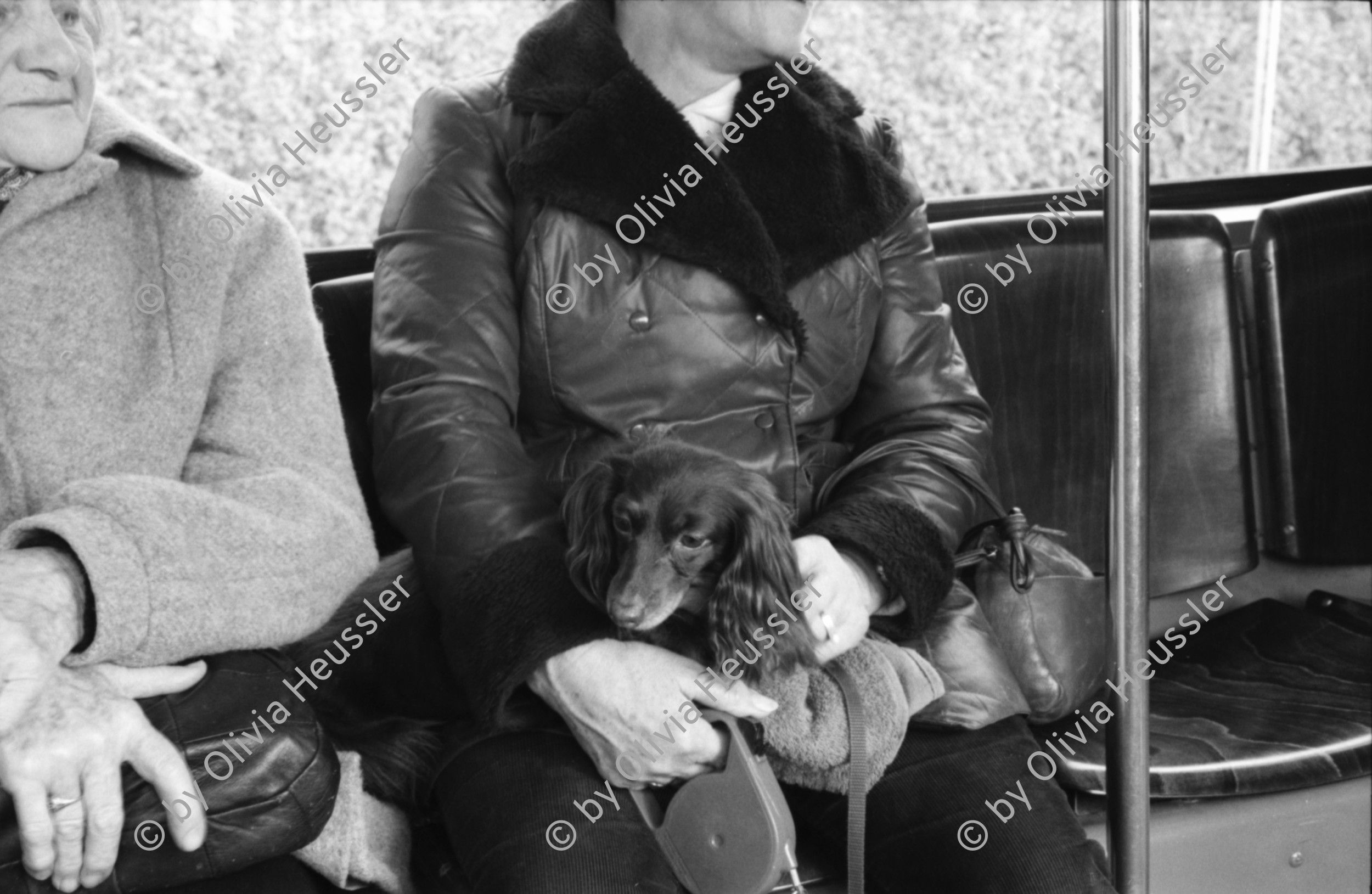 Image of sheet 19880030 photo 16: Mein Plakat im Photoforum hängt draussen und wird betrachtet. Exposition steht am Geländer zur Galerie. Anti komunistisches Plakat in Zürich. Drop In Zürich Hottingen. Wäsche am Hottinger Platz. Hund von Frau in Bus. Percy, mein Vater an Holzgant in Fällandener Fällanden Wald. Mit Bürger von dort. Holzbeige. Die Männer sprechen über Preise und Qualität. 1988 Zürich holz wood