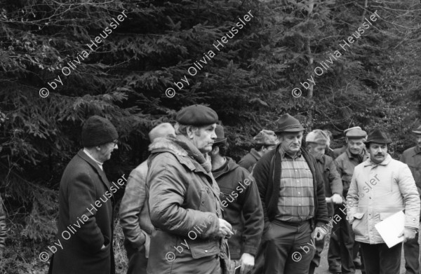 Image of sheet 19880040 photo 10: alter Männer stehen zusammen an Holzgant.Sie schreiben sich die Preise auf. Percy Heussler ist auch dabei. Nr. 12 und 13. Die langen Holz Stiehle zum Cervelats Braten liegen bereit. Die Männer braten Cervelats über dem Feuer. Ein alter Mann zeigt in die Luft. Die Cervelats liegen zum Braten bereit. Die Männer geniessen etwas warmes in der winterlichen Kälte. (!) Holzgant Holzverarbeitung Fällanden Kanton Zürich Schweiz wood forest market man men meat sausage