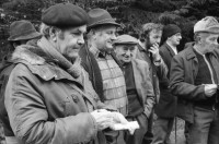 Image of sheet 19880040 photo 12: alter Männer stehen zusammen an Holzgant.Sie schreiben sich die Preise auf. Percy Heussler ist auch dabei. Nr. 12 und 13. Die langen Holz Stiehle zum Cervelats Braten liegen bereit. Die Männer braten Cervelats über dem Feuer. Ein alter Mann zeigt in die Luft. Die Cervelats liegen zum Braten bereit. Die Männer geniessen etwas warmes in der winterlichen Kälte. (!) Holzgant Holzverarbeitung Fällanden Kanton Zürich Schweiz wood forest market man men meat sausage