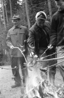 Image of sheet 19880040 photo 24: alter Männer stehen zusammen an Holzgant.Sie schreiben sich die Preise auf. Percy Heussler ist auch dabei. Nr. 12 und 13. Die langen Holz Stiehle zum Cervelats Braten liegen bereit. Die Männer braten Cervelats über dem Feuer. Ein alter Mann zeigt in die Luft. Die Cervelats liegen zum Braten bereit. Die Männer geniessen etwas warmes in der winterlichen Kälte. (!) Holzgant Holzverarbeitung Fällanden Kanton Zürich Schweiz wood forest market man men meat sausage