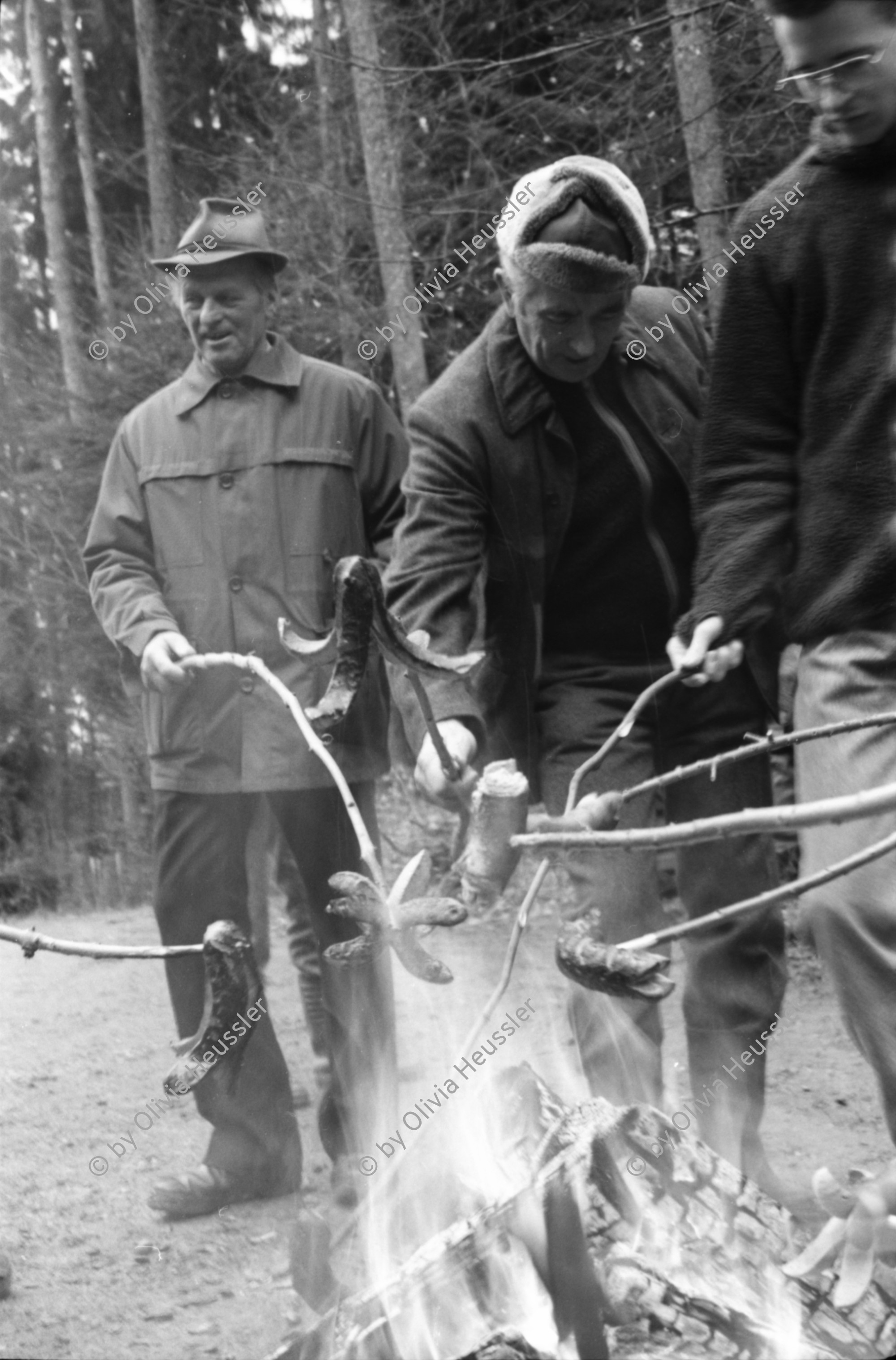 Image of sheet 19880040 photo 24: alter Männer stehen zusammen an Holzgant.Sie schreiben sich die Preise auf. Percy Heussler ist auch dabei. Nr. 12 und 13. Die langen Holz Stiehle zum Cervelats Braten liegen bereit. Die Männer braten Cervelats über dem Feuer. Ein alter Mann zeigt in die Luft. Die Cervelats liegen zum Braten bereit. Die Männer geniessen etwas warmes in der winterlichen Kälte. (!) Holzgant Holzverarbeitung Fällanden Kanton Zürich Schweiz wood forest market man men meat sausage