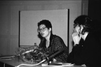 Image of sheet 19880240 photo 29: Veranstaltung im Volkshaus, Frauen in der Zwischenkriegszeit mit Angela Thomas, heute Bill, über Alis Guggenheim, Sophie Täuber Arp und Anna Baumann Kienast. Trudi Guggenheim Catherine Dreiding Stevens, Martin Guggenheim Esther Burkhart Modena. Mein Selbstportrait aus der Kunstgewerbeschule heute ZHDK Zürich 1988