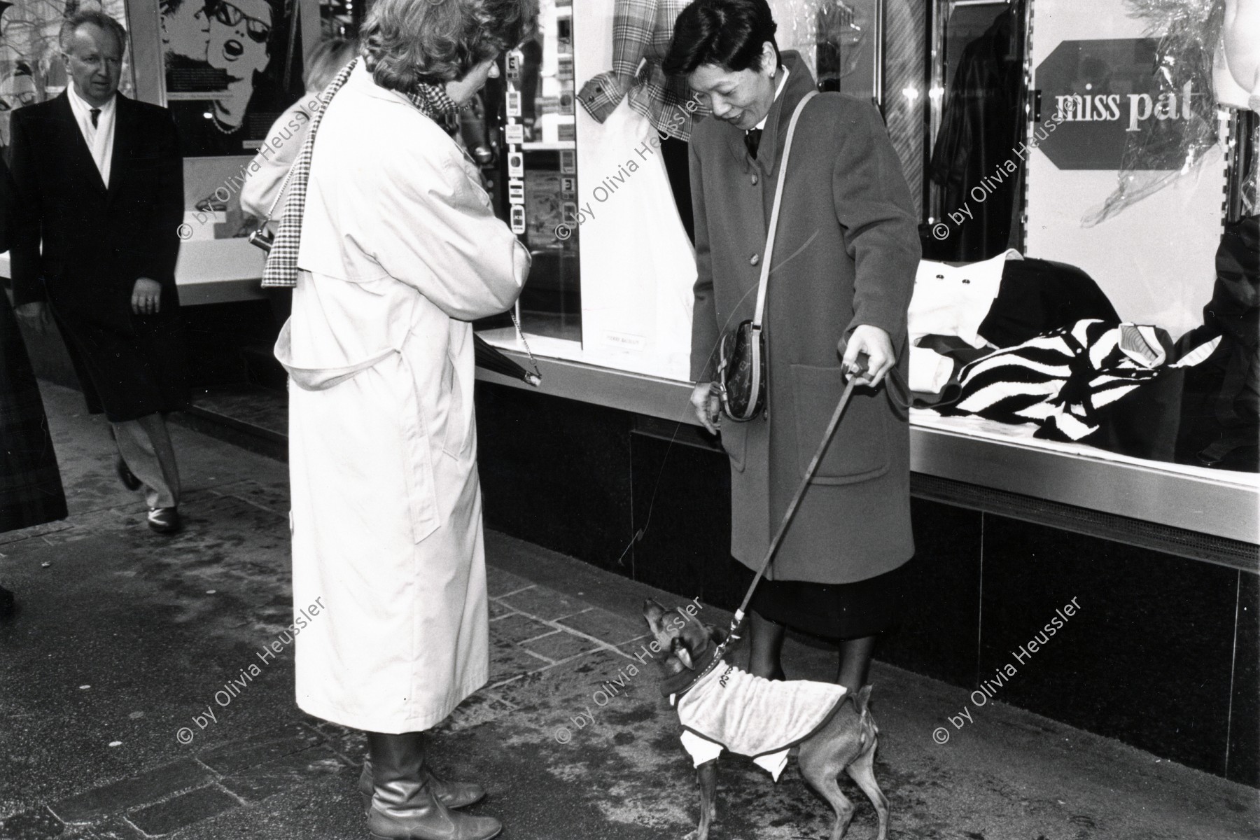 Image of sheet 19880250 photo 5: Szene an der Bahnhofstrasse. Frauen in Pelzmäntel unter Regenschirmen mit Hunden vor Schaufenster. 
Zürich 1988 √