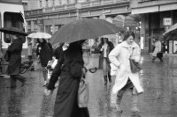Image of sheet 19880310 photo 20: frtsg. 880300 Bewegung auf dem Paradeplatz an der Zürcher Bahnhofstrasse, es regnet die Menschen rennen gestresst durch den Regen. Unter dem Regenschirm einstellen von täglichem Schadstoffpegel. Unter Regenschirmen Bewegung. Mit Strassenbahn PassantInnen. Zwei Knaben in Strassenbahn. Tram Zürich 1988