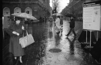 Image of sheet 19880310 photo 7: frtsg. 880300 Bewegung auf dem Paradeplatz an der Zürcher Bahnhofstrasse, es regnet die Menschen rennen gestresst durch den Regen. Unter dem Regenschirm einstellen von täglichem Schadstoffpegel. Unter Regenschirmen Bewegung. Mit Strassenbahn PassantInnen. Zwei Knaben in Strassenbahn. Tram Zürich 1988