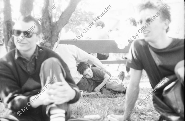 Image of sheet 19880370 photo 21: 1. Mai Demonstration Protest verletzter Jude (wurde von Palästinenser angegriffen.) Ruth Heussler Guggenheim stellt sich der Diskussion. Helen, Pablo und Oona Pinkus auf der Kasernen Wiese. Söffi Christoph Zürcher und Marlies. Kaserne dem Volk Transparent. Fest Zürich 1988 Astrid König