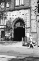 Image of sheet 19880693 photo 10: Eingang der alten Synagoge in Berlin. Tacheless Kulturzentrum von hinten. Mit Bauwand und Wandmaleriei. Baugerüst noch Christiane Barckhausen und Astrid Leuthart (Radio) Alexanderplatz Portrait Ralf Bartholomäus. Galerist Weisser Elephant. Mann in Fahrzeug Maschine spritzt die Pflanzen auf dem Alexanderplatz. Der Mann sitzt im Gefährt und hält den Schlauch aus dem fahrenden Tankwagen. GDR DDR Deutschland Ost Ostdeutschland Ostberlin 1988