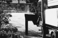 Image of sheet 19880693 photo 36: Der Mann sitzt im Gefährt und hält den Wasser Schlauch aus dem fahrenden Tankwagen. Besprühen von Garten Pflanzen anlagen. Alexanderplatz Berlin GDR DDR Deutschland Ost Ostdeutschland Ostberlin 1988 √
