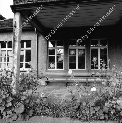 Image of sheet 19880800 photo 1: Kindergarten Erismannhof und Siedlung vor dem Umbau. 6 x 6 Hasselblad. 1988 √ Zürich Schweiz Aussersihl Kreis vier 4 Wohnen housing Kreis vier Kinder garden education school primary Pflanzen Malven plants