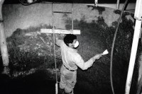 Image of sheet 19880940 photo 8: In Duralita (Tochterunternehmen von Eternit) arbeitet man mit Asbest und der Tankarbeiter mit Mundschutz, schabt Asbestresten weg. Schutzmaske  Maskentragen Guatemala 1988 √