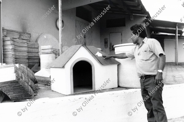 Image of sheet 19881090 photo 32: Im Auslieferungslager der Nicalit, der Schweizer Tochter Eternit, für Eternit Bauelemente mit Asbest, hier ein Hundehaus, für den Export bestimmt. Managua 
Durante la guerra los trabajadores producían casetas de perros para la exportación. San Rafael del Sur, Dpto. de Managua, 1988
During the war, the workers produced doghouses for export.
San Rafael del Sur, Dep. Managua, 1988

Out of: Der Traum von Solentiname  /  The dream of Solentiname  /  El sueño de Solentiname page  Nr: 119