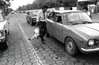 Image of sheet 19881100 photo 29: Dieser Mann verkauft sein Lebendes Huhn lebendiges Geflügel am Stoppsignal den wartenden Fahrzeughaltern Autofahrer. Nicaragua 1988 √ Adoquines chicken for sale arbeit work man
© 1988, by OLIVIA HEUSSLER / www.clic.li
