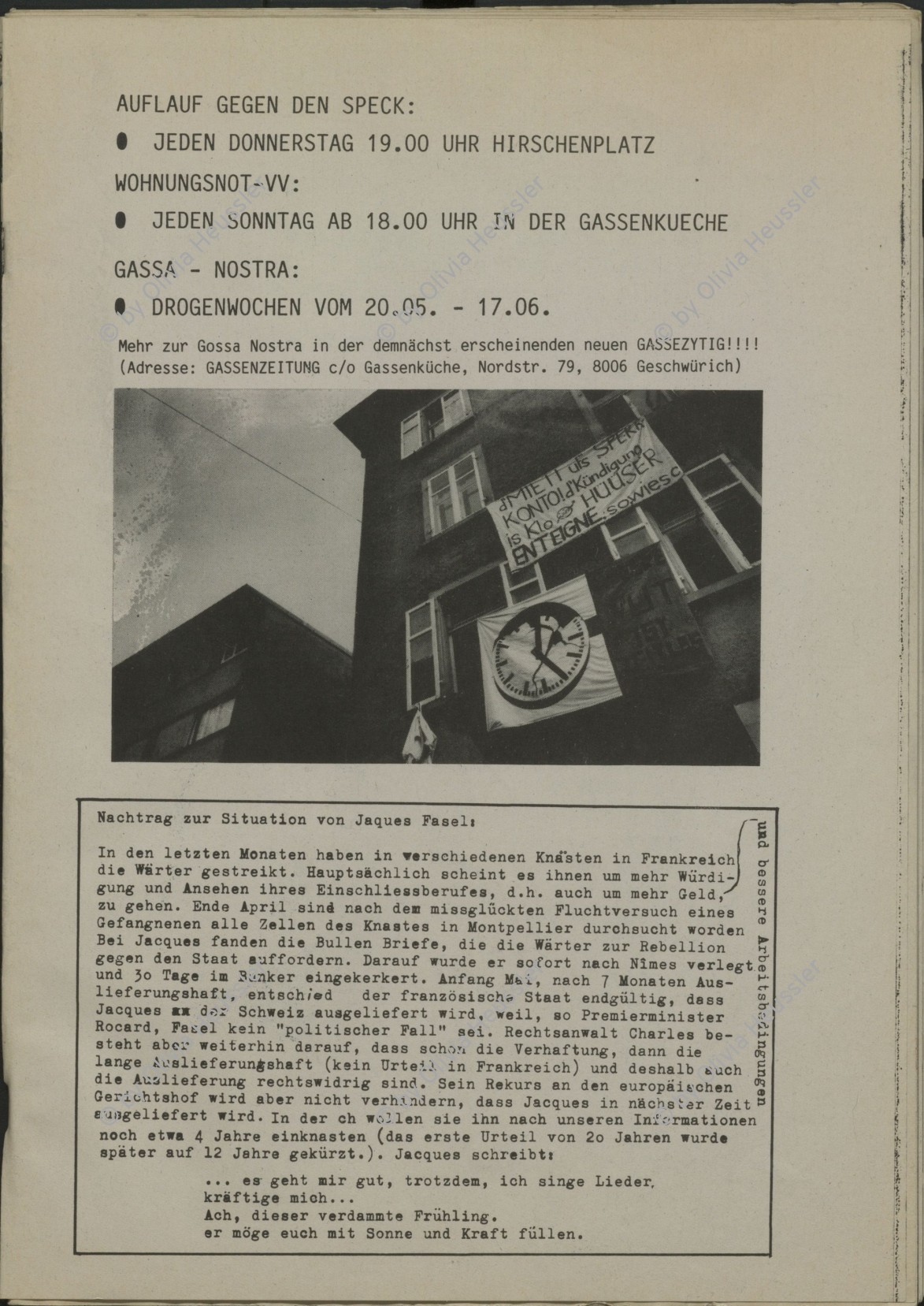 Image of sheet 19890290 photo 14: Köchlistrasse 22 vom 18. März bis 6. April 1989 Besetzt!  Fassade. Instandbesetzt. Besetzung Hausbesetzung Wohnungsnot Zürich 1989 √