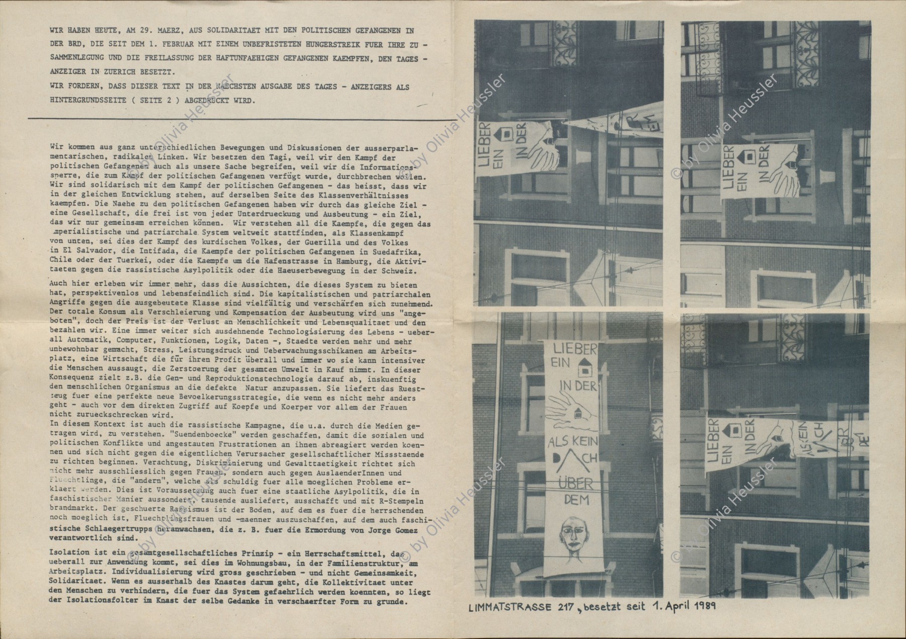 Image of sheet 19890310 photo 8: Limmatstrasse 217 besetzt. Wirtin schneidet Transparent auseinander weg.
Enteignet Protest Limmatstrasse 217 Haus gehört dem Thuner Spekulanten Von Känel.
Lieber ein Haus in der Hand als kein Dach über dem Kopf. stand auf dem Transparent.

Zürich Wohnungsnot Besetzung Wohnen 1989 Kreis 5 √ fünf  housing occupied house Schweiz Switzerland Europe
Press archive printed media published with the use of a photography by Olivia Heussler: .