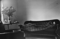 Image of sheet 19890320 photo 20: Limmatstrasse 217
Interieur Frau schläft im Schlafsack auf einem Sofa neben Blumenstrauss in Vase
Zürich Kreis fünf 5 1989 √  housing occupied house Schweiz Switzerland Europe