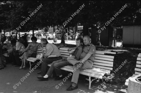 Image of sheet 19890650 photo 16: Eine Bauern-Familie posiert für mich auf dem Gehsteig, nachdem
 sie mich mit Gemüse beschenkt haben. Auf dem Rückweg nach Sofia.
 Ein Orthodoxer auf dem Kirchenplatz in Sofia. Die Moschee in
 Sofia. Ein Mann spritzt die Pflanzen. Zwei alte Männer betrachten
 die Preise für den Kohl. Maler bei der Arbeit. Mercedes Benz.
 Vater und Sohn auf einer Parkbank. Maja Wicki und Djanko und
 Olivia und Maja auf dem Vitussi. Mädchen benützt Grossmutter als
 Gummitwist Halterin. Im Hotel (Nr. 22)steht Maja nach einem
 schlechten Traum wie ein Gespenst da. Bus Nr. 83 Endstation. Die
 Frauen und Männer gehen zur Arbeit in die Fabriken am Stadtrand
 von Sofia. Ziege spaziert. Die zwei Roma bei ihrer Arbeit als Kesselflicker in Razgrad. Bulgaria Bulgarien 1989