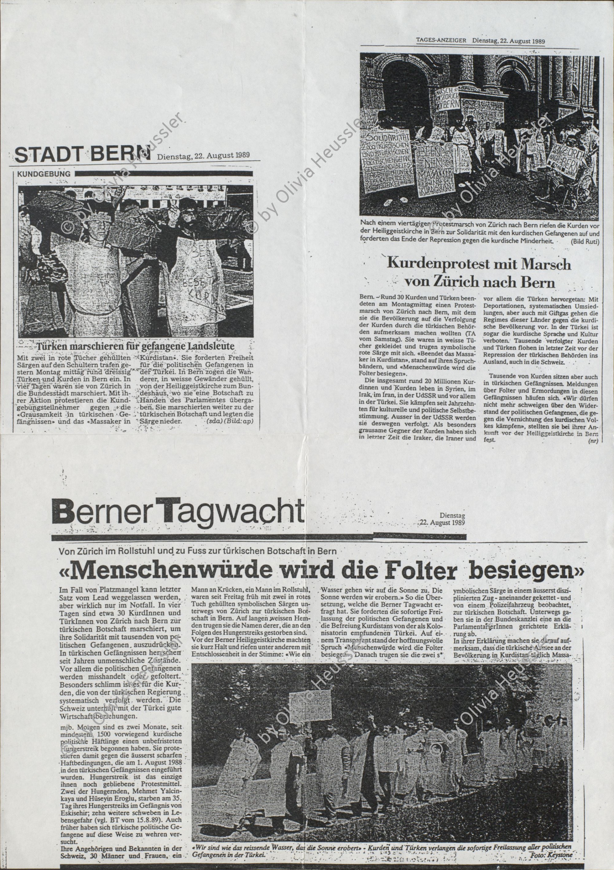 Image of sheet 19890700 photo 13: 20 Kurden gehen in einem Protestmarsch von Zürich nach Bern zu Fuss. Protest gegen die Ausschaffungspolitik der Schweizer Regierungen. Die ländliche Bevölkerung hat kein Interesse an der Informationen der Kurden. Sie warten auf ein Radfahrer Velorennen rennen. In einer Badeanstalt. Dicker fetter Mann mit glanz auf der Brust in Badehose im Schwimmbad. Bäbe Weber und Pierre Mennel tanzen auf dem 'Felde'.