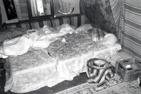 Image of sheet 19900130 photo 9: Im Schlafzimmer, Gemach, das Bett von Achmed von Wartburg. Er ist Kunstmaler und Tangomusiker. Zürich Erismannhof 1990 Aussersihl Kreis 4 √ Kunst Musik 
Schlafzimmer sleeping bed room of the tango singer and swiss artist, painter and musician Switzerland Europe 
19900130 09
Im Bestand der Fotostiftung Schweiz 24 x 30 cm Baryt Vintage 1993.296 B.0226 signiert