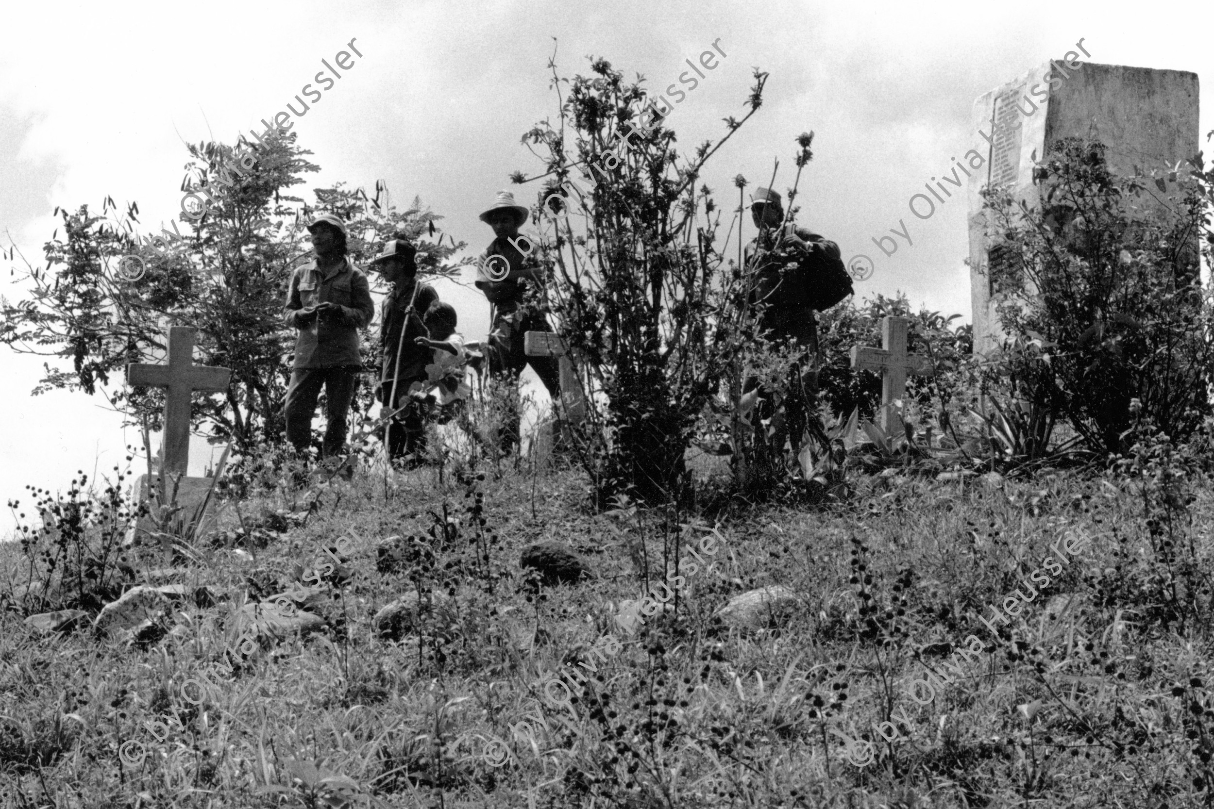 Image of sheet 19900230 photo 29: © 1990, OLIVIA HEUSSLER / www.clic.li
Polo de Yale nach dem Contra überfall  Bauern der Kooperative. Landwirtschafts agricultural Cooperative
Nicaragua 1990 √ central america 
sandinist farmers after attack by contra rebels cemetery