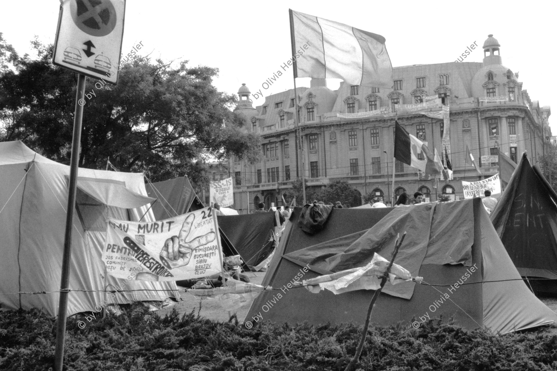 Image of sheet 19900420 photo 31: Golani demonstrieren auf Universitätsplatz. Besetzung mit Zelten. 
Golani demonstrate on University Square. Occupation with tents political protest
Bukarest Romania Rumänien 1990 √