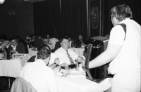 Image of sheet 19900430 photo 24: Hotel Ambassador. Romni Partidisten Musikergruppe. der dicke ist Titel Gore. Nr. 21-36.
36A Constatin Gheorghe Angerita Präsident der Kulturellen Zigeuner Musiker in Bukarest. 34 -37 Cioba mitte. Zigeuner Musik Gruppe Ziehharmonika. Rumänien Romania 1990