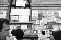 Image of sheet 19900440 photo 19: Supermarkt, Judentum jüdisch geschlossene Synagoge, Jos Comunism=Kein Komunismus. Religiöse Golanis auf dem Universitätsplatz protestieren gegen die Regierung von Ion Iliescu vom FSN 
Golani=Vagabunden Illiescu hat sie so genannt. Zeltlager der Golani auf dem Universitäts Platz. Frau schläft neben Zelt. Bukarest Rumänien, Romania, Rumania, 1990 

Psychiatrische Klinik in Zärnesti. Frauen Portrait. Frauen liegen im Bett, eine liest. Die 23 jährige Blanca Mihai sagt: 'Ich bin eine Roma. Der Name kommt aus dem Sanskrit und heisst: Eine Person, die zu unserer Gruppe gehört. Ich habe drei Jahre als Strassenputzerin für die Stadt gearbeitet. Eine Angehörige meiner Kollegin hat mir die Arbeit weggenommen. Jetzt bin ich krank und lebe hier unter alten Menschen'.

The National Salvation Front (Romanian: Frontul Salvării Naţionale, FSN) was the governing body of Romania in the first weeks after the Romanian Revolution of 1989, subsequently turned into a political party. FSN is the common root of two of the three largest political parties in Romania today: the Social Democratic Party (PSD) and the Democratic Liberal Party (PD-L).