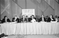 Image of sheet 19900490 photo 33: Wahlen. Rom beim wählen. Der Parteivorsitzende mit seinen Mitarbeitern Mihai im Büro einer der Romni Parteien.Bei der Familie Mihai. Familie Mihai geht ins Wahllokal. Die Grossmutter hat Jahre in Internierungslager im heutigen Moldavien Moldavia ehemalige Sovietunion,  leben müssen, ist auch dabei. Nr. 18. 2 Kinder mit Kinderwagen. Familie Tatu wählen zu Hause. PK in Bukarest. Nr. 23 li: Ivan Gheorghe parlamentarier, Mi: Nikolae Gheorghe. Re: Prof. Raditz.Nr. 31 Luminita Cioaba (mi). US Demokraten und Republikaner National Affairs, überwachten die Wahlen. PK. 

Sibiu. 1990 Romania Rumänien Rumania 
Roma Romi Zigeuner Gypsies for the first elections after 40 years. 
democratical demokratie process prozess