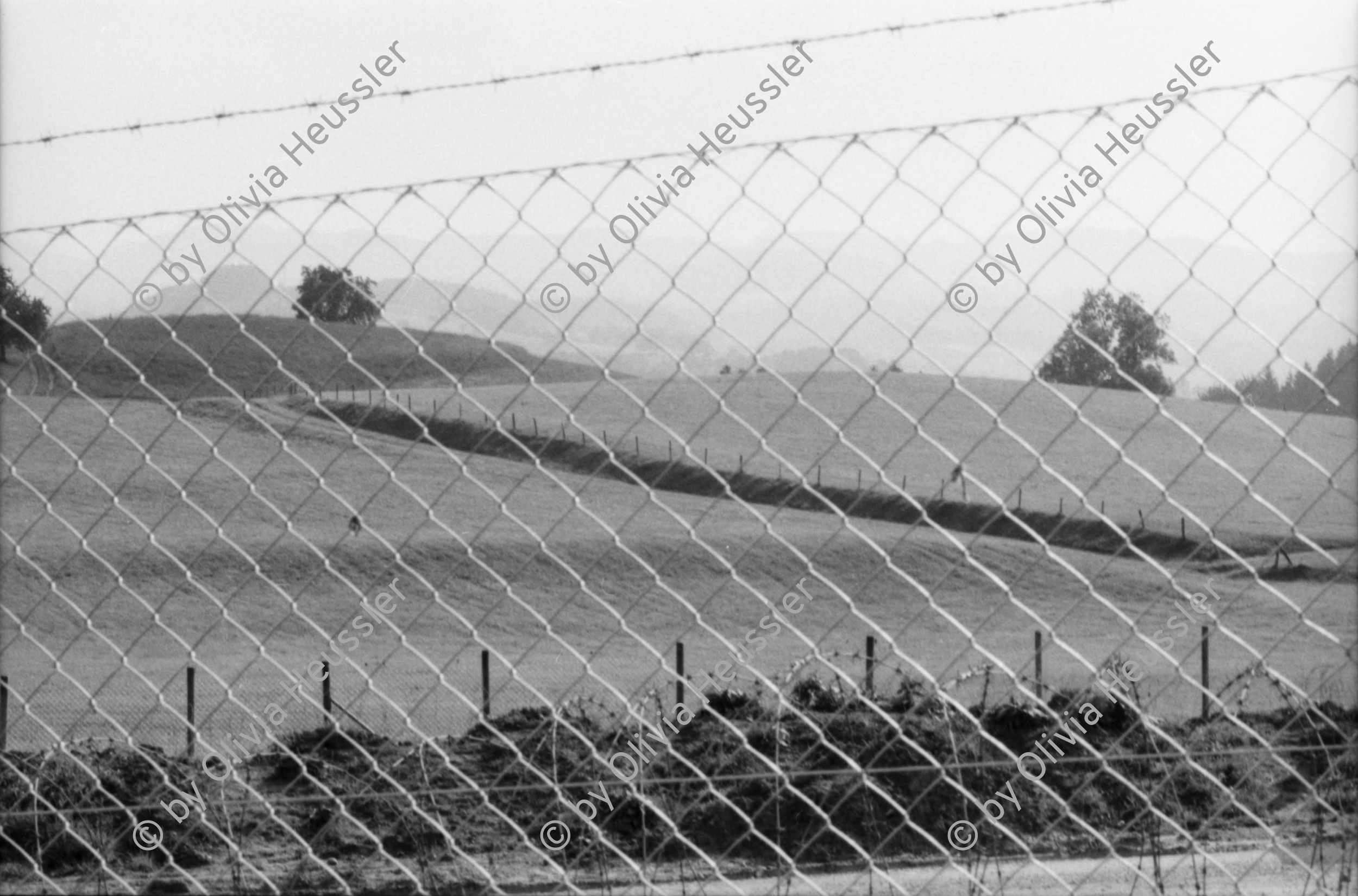 Image of sheet 19900540 photo 27: Das Waffenplatzgegner Camp steht kurz vor der polizeilichen Räumung. Zwischen den Zelten stehen zwei Holz plastiken. Auf einem Plakat küssen sich zwei Polizei Grenadiere Endart. zwei Bauern besuchen das Camp. Portrait Ein Theologe Pfarrer Jonas zeichnet. Der Zaun um den Waffenplatz. Securitas. Protectas. ? Die Grenadiere räumen. 1990 Neuchlen Anschwilen St. Gallen Waffenplatz Gewaltfreie Aktion Militär military army armee protest