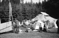 Image of sheet 19900540 photo 7: Das Waffenplatzgegner Camp steht kurz vor der polizeilichen Räumung. Zwischen den Zelten stehen zwei Holz plastiken. Auf einem Plakat küssen sich zwei Polizei Grenadiere Endart. zwei Bauern besuchen das Camp. Portrait Ein Theologe Pfarrer Jonas zeichnet. Der Zaun um den Waffenplatz. Securitas. Protectas. ? Die Grenadiere räumen. 1990 Neuchlen Anschwilen St. Gallen Waffenplatz Gewaltfreie Aktion Militär military army armee protest