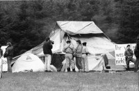 Image of sheet 19900550 photo 13: frtsg. 900540        Frühmorgens kommen die Grenadiere und Polize Kommandanten und räumen das von den Waffenplatz GegnerI nnen besetzte Gelände. (SI) unveröffentlicht. color. protest Neuchlen Anschwilen St. Gallen army gewaltfrei aktion action Militär Armee Kaserne Übungsplatz Training 1990