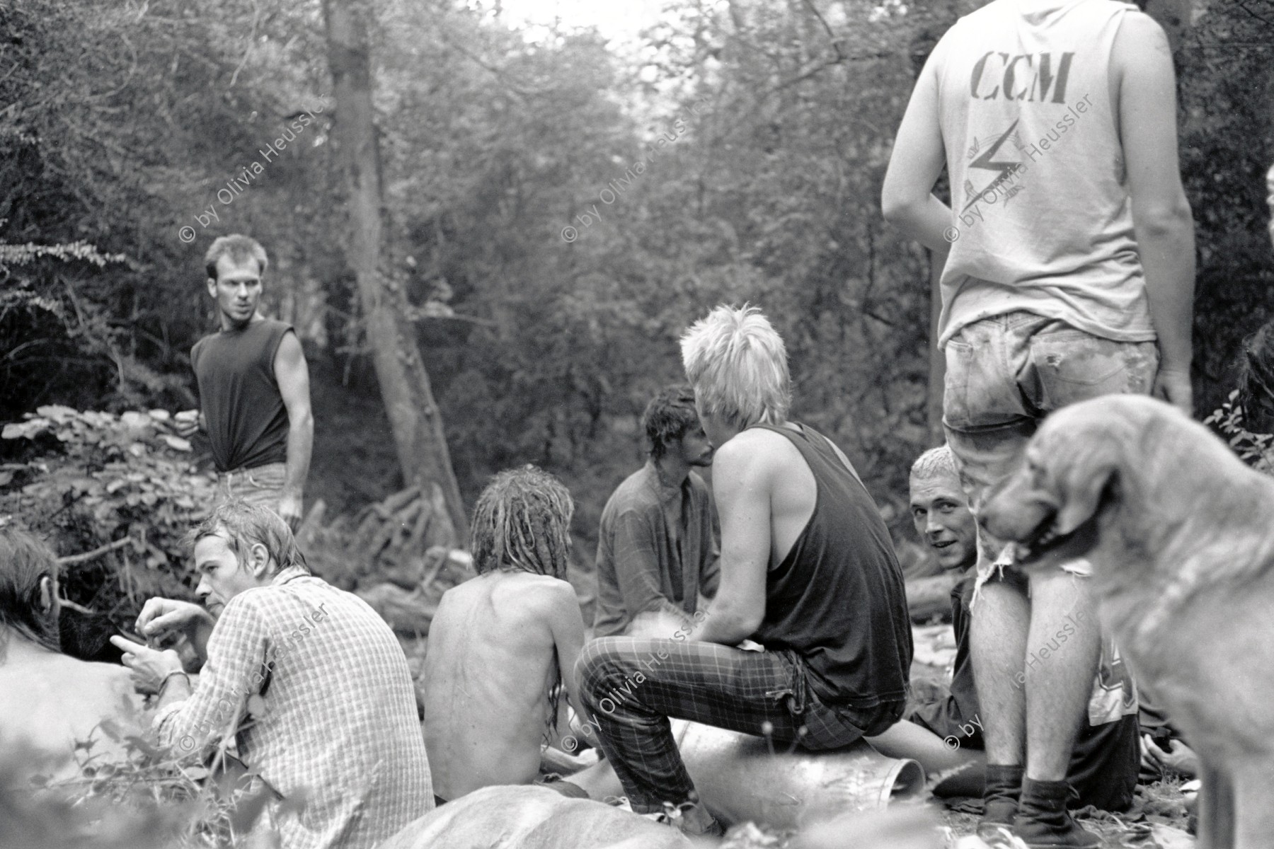 Image of sheet 19900560 photo 17: Indianisches Schwitzbad im Wald. Hippie mit den Dreadlocks Hund Jaques. Saint Affrique Frayssinous
Frankreich 1990 France √ France Hippies freaks ausssteiger dread locks fyer place cohle nacked men man stones meat grilled Europe