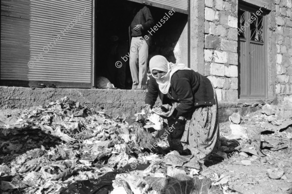 Image of sheet 19901030 photo 30: Dr. Karaman leitet als Arzt den Menschenrechtsverein in Nusaybin. Atatürk wacht auch über ihn und den Knaben.Bei der weissen Quelle auf dem Weg nach Seyhmehmet.Bauern Frauen waschen grosse Bleche am Fluss. Eine Frau trägt einen Kanister auf der Schulter. Sie trägt einen Schlüssel am Rock, was besagt, dass sie die Herrin im Haus ist und oder den Schlüssel zum Paradies besitzt.Kindergruppe. Mann pflügt mit Pferd den Acker. Am Postbüro PTT in Midyat kleben politische Propaganda Plakate gegen die PKK. Ein Schulhof, mit Atatürk s Siluette. Drei Frauen. Kohl wird ausgeladen. Die Frau schleppt und der Mann lächelt. Turkish Kurdish Kurdistan Kurds