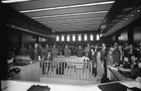 Image of sheet 19901090 photo 31: Staatssicherheitsgericht. Prozess gegen die kurdischen Anwälte: Vedat Aydin, Zeki Okçuoğlu und Mustafa Oezer.  Die angeklagten kurdischen Anwälte v.l.n.r. Vedat Aydin, Ahmet Zeki Okçuoğlu, und Mustafa Oezer während einem Prozess im Ankaraer Staatsgericht stehen vor dem Staatsrichter in der Anklagebank. Kurds Kurdish Turkey Ankara Dec. 1990 

Vor dem Eingang des Staatssicherheitsgericht.

Lissy Schmidt (am 3.4.94 im Irak umgebracht) a German freelance journalist who worked with Agence France-Presse and the German newspapers Frankfurter Rundschau and Der Tagesspiegel, and a friend were shot and killed when gunmen opened fire on their car outside the city of Sulaymaniyah in the Kurdish-controlled area of northern Iraq.-
Dort fotografierte ich den Staatsrichter, was er nicht mochte und protestierte. Eine junge Verteidigerin sprach für mich ein Plädoyer.
Nr. 36 Mustafa Oezer steht in der Anklagebank. 
Türkei Kurdische Ostanatolien √