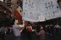 Image of sheet 19903002 photo 111: Illiescus vor Polizisten  in Brasov am 17. Mai 1990. Flowers in front of the policemen, from the fanatical part of the electoral rally of Iliescu.  

Protest; Blumen; Frauen; Polizei; Beamte; Maenner; Uniform; Brasov; Wahlen; 
Exhibition Bildbruchbild