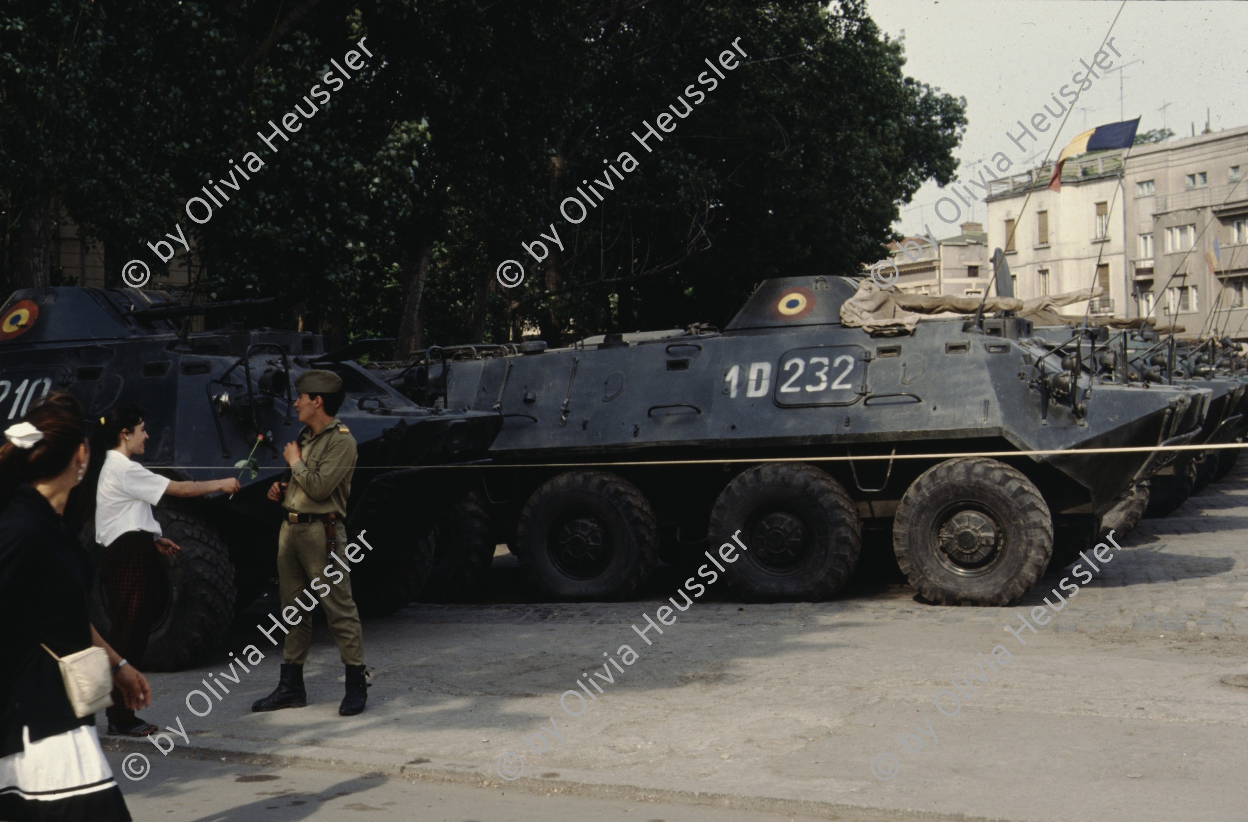 Image of sheet 19903002 photo 37: Angehörige des FSN (Frontul Salvari National) demonstrieren mit Blumen für die Unterstuetzung Ion Illiescus vor Polizisten  in Brasov am 17. Mai 1990. Rumaenien, Europa. // Flowers in front of the policemen, from the fanatical part of the electoral rally of Iliescu.  

19903002 12
Protest; Blumen; Frauen; Polizei; Beamte; Maenner; Uniform; Brasov; Wahlen; Iliescu; Demonstration
Rom Partei Wahlen Romanes
Zigeuner