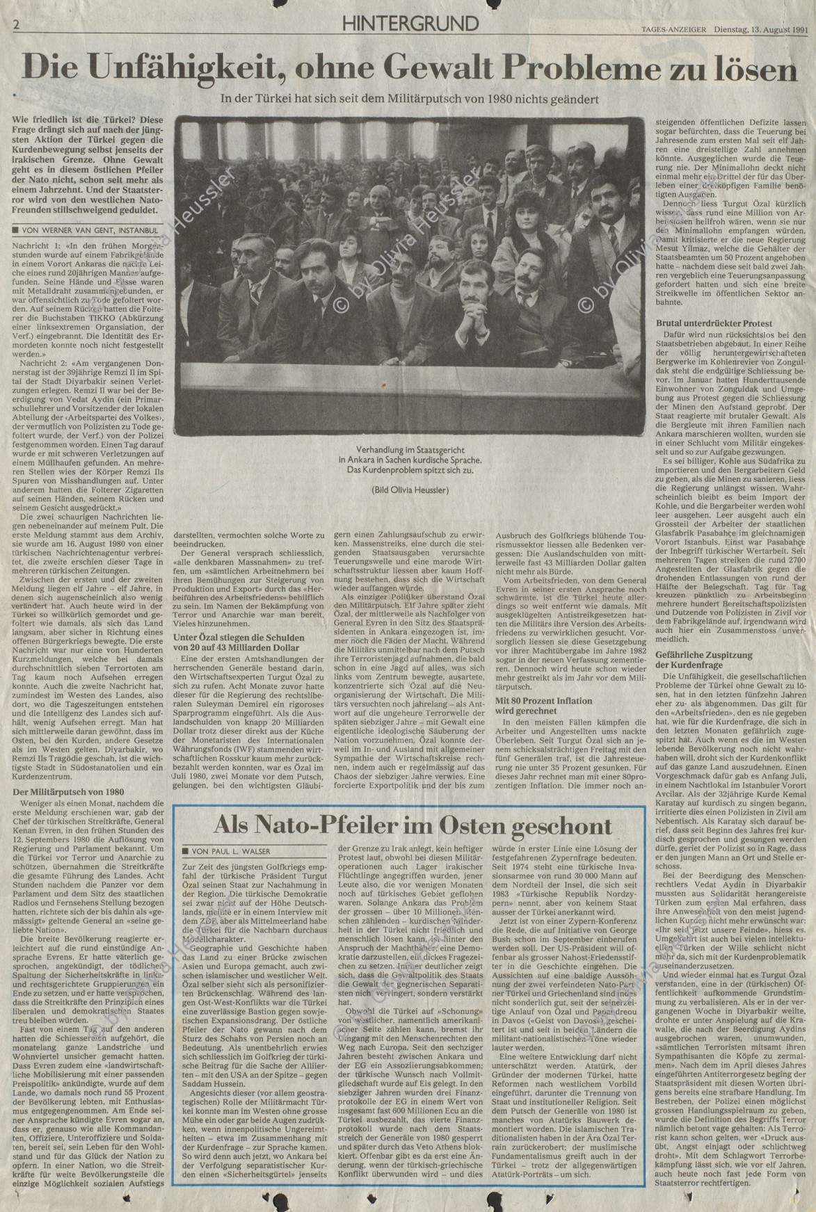 Image of sheet 19910010 photo 3: frtsg. 901100 Prozess gegen die drei kurdischen Anwälte. Portrait Leiter des Türkischen Menschenrechtsverein in Ankara. Nevzat Helvaci. Während dem Prozess gegen die kurdischen Anwälte Vedat Aydin, Ahmet Zeki Okçuoğlu und Mustafa Oezer protestieren die Verteidiger Innen vehement gegen die Gerichtspraxis. Aydin wurde im Juli von türkischen Todesschwadronen ermordet. Ankara, Türkei 12.90 Kurdish Turkey Kurds. 
02.95 der türkische Anwalt und Mitglied der Regierungskomission zu Menschenrechtsfragen ist aus Protest von seinem Posten zurückgetreten. Angehörige der Komission haben einen Bericht zur Lage in der Türkei und Foltersituation zurückgehalten.