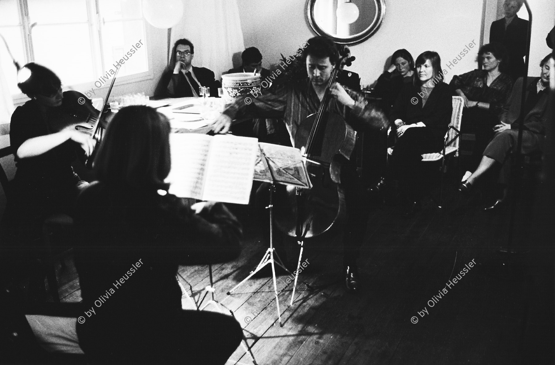 Image of sheet 19910190 photo 6: Geburtstags Fest Silvana Sil Schmid mit Livi Bucher, ihrer Mutter. Verschiedene Journalisten. Haus  Konzert. Rezzonico. Ticino Tessin 1991 Tegna √ Musik music Europe concert house classical group