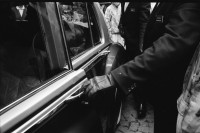 Image of sheet 19910220 photo 9: Strassenszenen in Antwerpen. Nachdenkliche Personen im Café. Frauen. Stühle aufgereiht. Hochzeitsfest in einer Kathedrale. Die Paare werden in grossen eleganten Fahrzeugen Autos abgeholt. Fensterputzerin. Strassenmusikant. Portrait Urs Tremp. Katzen liegen in einem Schaufenster. Drugstore Drogen 5.- Diener mit Mütze eines Chauffeurs einer Karosse. Zwei Mädchen sitzen in der Limousine. Uniform bilder. Belgien 1991