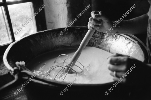 Image of sheet 19910590 photo 12: Jürg Bernhard beim Käsen auf der Alp Grava. Käseherstellung im Chessi Kessel über dem Feuer 1991 alp farming bio Switzerland alps mountain farm cheese Europe Schweiz Svizzera fyer place swiss traditional farming biological