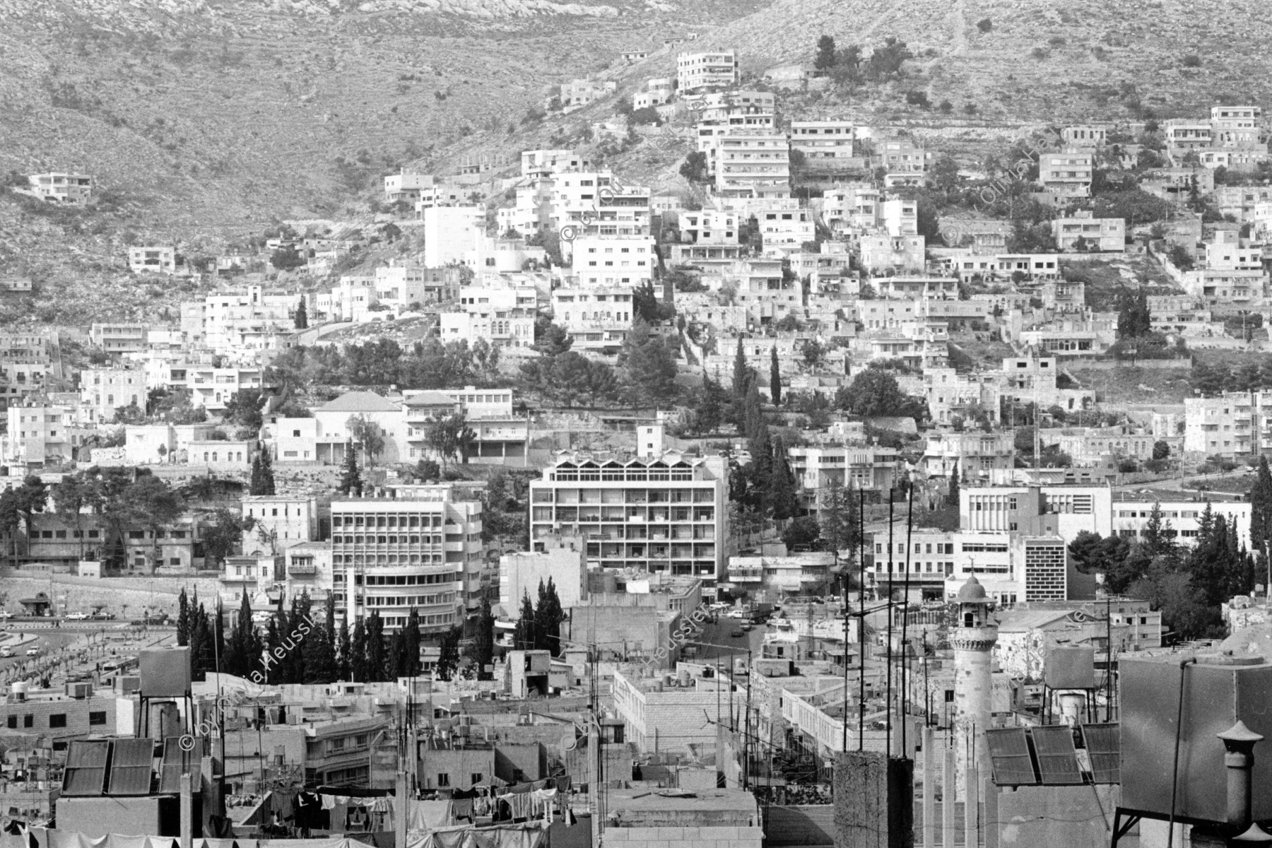 Image of sheet 19920340 photo 26: Stadtansicht von Nablus, Westbank, Palästina. 05.92
View of the city of Nablus. Palestine 1992 Westbank occupied territory √

© 1992, OLIVIA HEUSSLER / www.clic.li