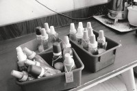 Image of sheet 19920370 photo 10: © 1992, OLIVIA HEUSSLER / www.clic.li
Diese Milchflaschen warten im Terres des Hommes Ernährungsspital für unterernährte Säuglinge auf ihren Einsatz. Bethlehem 04.92 Palästina Israel 1992 √ From:  Out of Jerusalem / Jenseits von Jerusalem page Nr. : 65

The bottles of milk in Terres des Hommes Hospital await their hungry recipients. Bethlehem.
"House of Meat"; Hebrew: בֵּית לֶחֶם Bēṯ Leḥem, Modern: Bet Leḥem, IPA: [bet ˈleχem], lit "House of Bread;" Greek: Βηθλεὲμ, Vithleém) is a Palestinian city located in the central West Bank, neighboring south Jerusalem, with a population of about 25,000 people. It is the capital of the Bethlehem Governorate of the Palestinian National Authority. The economy is primarily tourist-driven

ohne Aufkleber