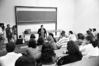 Image of sheet 19920370 photo 35: Heute ist nach 4 Jahren Unterbruch, wieder Vorlesung mit Prof. Sumaya Nazer Universität Bir Zeit. 28.04.92 Westbank, Palästina. 1992 √
Sumaya Farhat Naser (Arabic: سمية فرحات ناصر‎, born 11 June 1948 in Bir Zeit) is a Palestinian Christian peace activist in the West Bank.

Birzeit University (BZU) (Arabic: جامعة بيرزيت‎) is a public university located in Birzeit near Ramallah, Palestinian territories. BZU is among the foremost tertiary educational institutes in the Palestinian territories and has played a significant role in the Palestinian political dialogue.It is the first institution of higher education to be established in the Palestinian territories and is considered as one of the most prestigious universities in the West Bank.Furthermore, BZU has the highest admission averages among other Palestinian universities