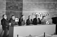 Image of sheet 19920390 photo 14: Chaim Herzog 3.v.l.n.r. und Yzthak Shamir 4. v. l.n.r. nehmen u.a. am 50 jährigen Jubiläum der Befreiung von Ausschwitz teil. Yad Vashem, Mount Herzl, Jerusalem 04.92 1992 √ Palestine Israel
... take on the 50th anniversary of the liberation of Auschwitz part. Yad Vashem

Yad Vashem (Hebrew: יד ושם) is Israel's official memorial to the Jewish victims of the Holocaust, established in 1953 through the Yad Vashem Law passed by the Knesset, Israel's parliament