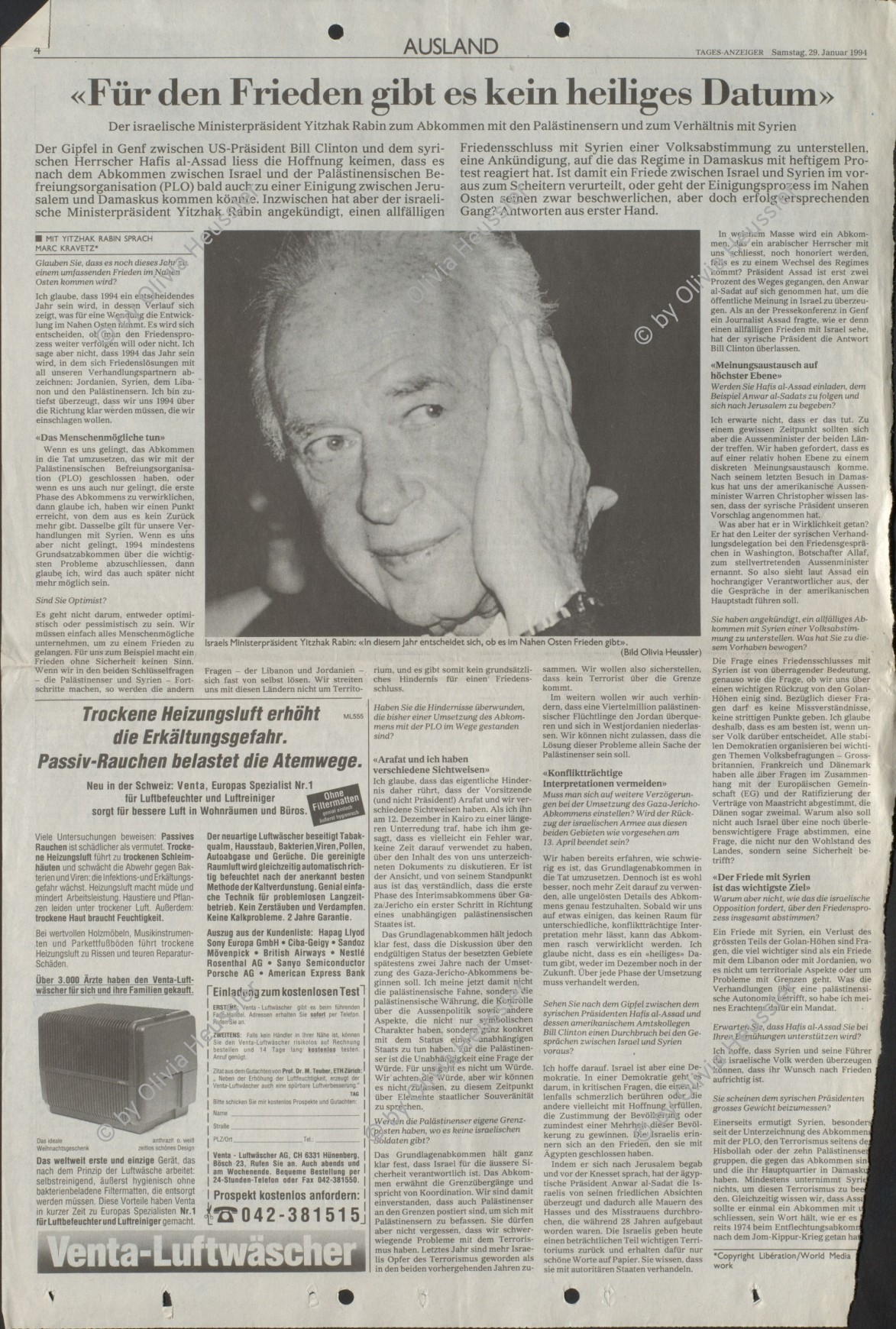 Image of sheet 19920390 photo 7: Wieso will Yitzhak Rabin (Labour) nichts mehr hören ? Mit vielen Promineten aus dem In- und Ausland nimmt er an den Jubiläumstrauerfeierlichkeiten für die Befreiung von Ausschwitz teil, die sich zum 50 Mal wiederholen. Israel Jerusalem 1992 √ 
Future primeminister Ytzak Rabin at the festivities and commemoration for the liberation of Auschwitz, 50 years ago, at mount Herzl. Yad Vashem. April 29,

Yitzhak Rabin (help·info) (Hebrew: יִצְחָק רַבִּין ‎‎ IPA: [jitsˈχak ʁaˈbin]; March 1, 1922 – November 4, 1995) was an Israeli politician, statesman and general. He was the fifth Prime Minister of Israel, serving two terms in office, 1974–77 and 1992 until his assassination in 1995. In 1994, Rabin won the Nobel Peace Prize together with Shimon Peres and Yasser Arafat. He was assassinated by right-wing Israeli radical Yigal Amir, who was opposed to Rabin's signing of the Oslo Accords. Rabin was the first native-born prime minister of Israel, the only prime minister to be assassinated and the second to die in office after Levi Eshkol

Yad Vashem (Hebrew: יד ושם) is Israel's official memorial to the Jewish victims of the Holocaust, established in 1953 through the Yad Vashem Law passed by the Knesset, Israel's parliament

Aus: Out of Jerusalem / Jenseits von Jerusalem page 17

copyright by Olivia Heussler