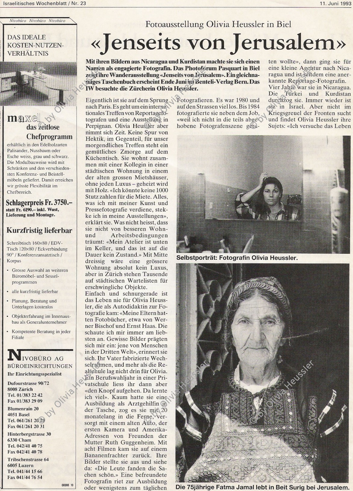 Image of sheet 19920420 photo 24: Die 75jährige Fatma Jamal in ihrem Dorf in Beit Suriq bei Jerusalem, Palästina 05.92 Palestine Frau Alte Mutter Traditionell Bekleidung

copyright by Olivia Heussler

traditional look fashion typical 
Fatma Jamal, 75 years old, in her village Beit Suriq near Jerusalem. 1992
Die 75 jährige Fatma Jamal richtet ihre Kopfbedeckung, nachdem sie von der Dorfpflegerin eine Injektion erhalten hat. Westbank 05.92 woman old hairscarf

75 year old palestinian Fatma Jamal Woman fixes her head scarf after receiving an injection from the village health worker. Beit Suriq. occupied territory medical care human rights 1992 √ hairscarf

Beit Surik (Arabic: بيت سوريك‎) is a Palestinian village in the Jerusalem Governorate, located 12 kilometers Northwest of Jerusalem in the northern West Bank. According to the Palestinian Central Bureau of Statistics, the town had a population of 3,818 in 2006