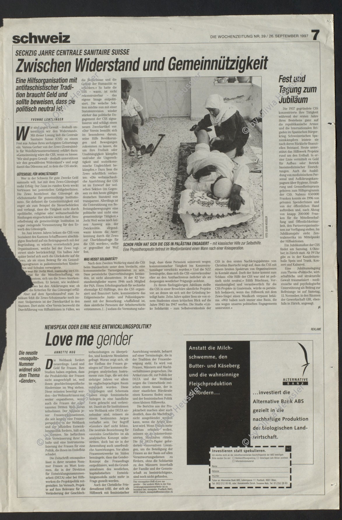 Image of sheet 19920430 photo 9: Ein gehbehinderter Mann wartet zu Hause auf die Hauskrankenpflegerin. Beit Suriq, Westbank. Palästina. 05.92 1992 √
From: Out of Jerusalem / Jenseits von Jerusalem page Nr. :51
Physically handicapped patient waiting for a nurse in his house.

handicapped old man is waiting for Etimad, a young Palestinian physical therapist. occupied territory Palestine 1992

Beit Surik (Arabic: بيت سوريك‎) is a Palestinian village in the Jerusalem Governorate, located 12 kilometers Northwest of Jerusalem in the northern West Bank. According to the Palestinian Central Bureau of Statistics, the town had a population of 3,818 in 2006.
Press archive printed media published with the use of a photography by Olivia Heussler: WOZ Wochenzeitung.