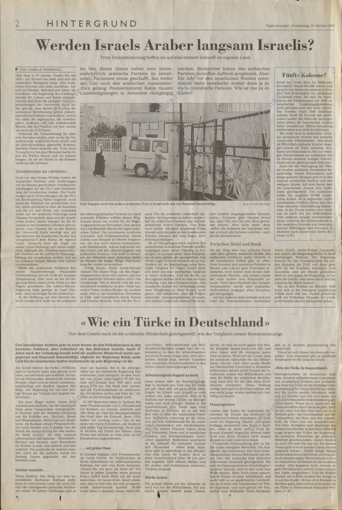 Image of sheet 19920440 photo 9: In Kafr Kassem leben vorallem fundamentalistische Palästinenser und Palästinenserinnen unter Sheik Daoish, in Israel. 05 92 1992 √ palestinians fundamentalism war palestine  arabisches Dorf in Israel Frau 19920440_09 ta

The Kafr Qasim massacre took place in the Israeli Arab village of Kafr Qasim situated on the Green Line, at that time, the de facto border between Israel and the West Bank on October 29, 1956. It was carried out by the Israel Border Police (Magav) and resulted in 48 Arab civilians dead, including 6 women and 23 children aged 8–17. Arab sources usually give the death toll as 49, as they include the unborn child of one of the women.