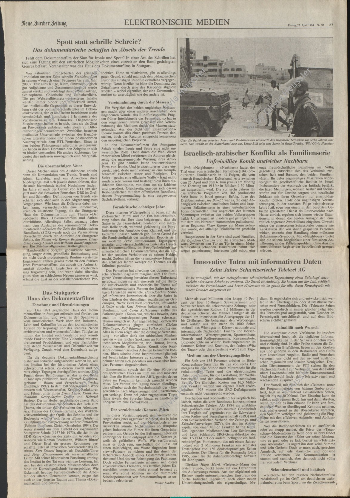 Image of sheet 19920450 photo 15: Les soldats israéliens d'un bataillon d'artillerie en patrouille par le camp d'Al Shate. Gaza. Palestine. 05.92

Un soldat israéliens d'un bataillon d'artillerie en patrouille par le camp d'Al Shate cherche des jeunes Palestiniens. Il y a encore la nuit Couvre-feu. Bande de gaza. Palestine 1992

Die israelischen Soldaten eines Artillerie-Bataillons. der Soldat suvht die Gegend nach jungen PalästinenserInnen ab. Noch immer herrscht nächtl. Ausgehverbot.

Military Patrol Israeli occupied territory Gaza Strip Palestine Al Shate Refugeecamp Refugees 1992 √ army civilian refugee and animal soldier human rights
Aus: Out of Jerusalem / Jenseits von Jerusalem page: 95
Israeli soldiers patrolling the Al shate camp. There is a curfew every night.

Israeli patrol in occupied territories in Gaza.


Al-Shati camp (Arabic: مخيّم الشاطئ‎), also known as Beach camp, is a Palestinian refugee camp located in the northern Gaza Strip along the Mediterranean Sea coastline in the Gaza Governorate, and more specifically Gaza City. The camp's total land area consists of 727 dunums. According to the Palestinian Central Bureau of Statistics (PCBS), al-Shati had a population of 87,158 inhabitants in mid-year 2006, while the United Nations Relief and Works Agency (UNRWA) reports a population of 78,800 registered refugees. The camp is the third largest refugee camp in the Palestinian Territories
© 1992, OLIVIA HEUSSLER / www.clic.li
zurück von Libération, Paris 2015
«Counter-power» Altkirch 2017