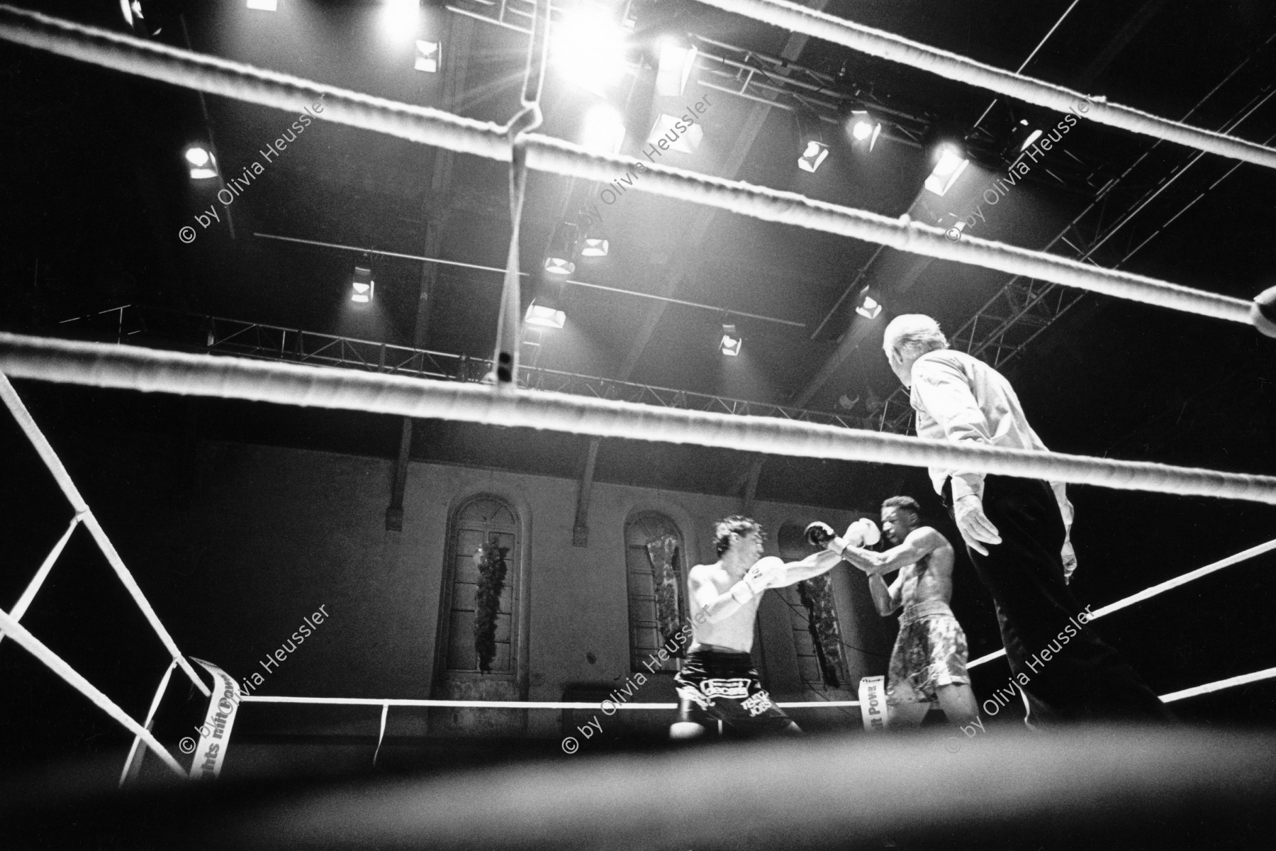 Image of sheet 19920500 photo 33: Der Berner Jean Charles Meuret und der Amerikaner Ricky Hayes beim Schwerwelter Gewicht Profi Boxmatch in der Gessnerallee in Zürich  1992 √ boxing sport heavy weight boxer Swiss Switzerland Europe american referee Schiedsrichter

Boxing (pugilism, prize fighting, the sweet science or in Greek pygmachia) is a martial art and combat sport in which two people engage in a contest of strength, reflexes, and endurance by throwing punches at an opponent with gloved hands