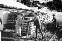 Image of sheet 19930100 photo 3: Im selbstverwalteten Ferien und Bildungszentrum Salecina helfen Feriengäste den Holzofen in Betrieb zu halten. Maloja Ober Engadin Canton Grisons Graubünden  Bergell Schweiz Switzerland Europe 01.93 wood ofen people young man and women work wood heating Heizung holz energie
© 1993, OLIVIA HEUSSLER / www.clic.li